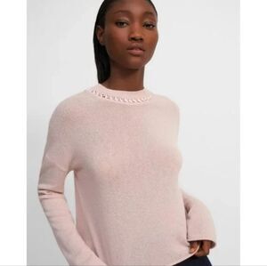 Theory Cashmere Ribbon Trim Crewneck Long Sleeve Sweater Blush Pink Clean Girl S